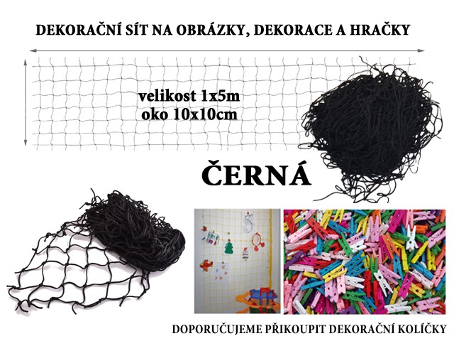Černá dekorační síť na zeď 5x1m oko 10x10cm